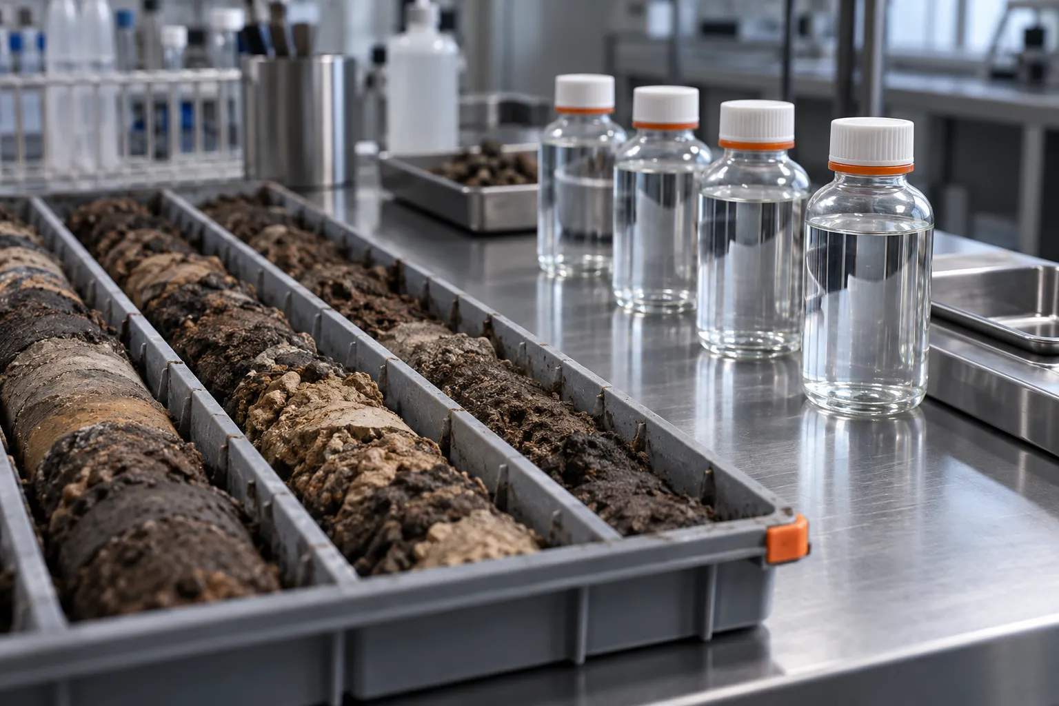 Soil core samples in trays beside sealed water sampling bottles
