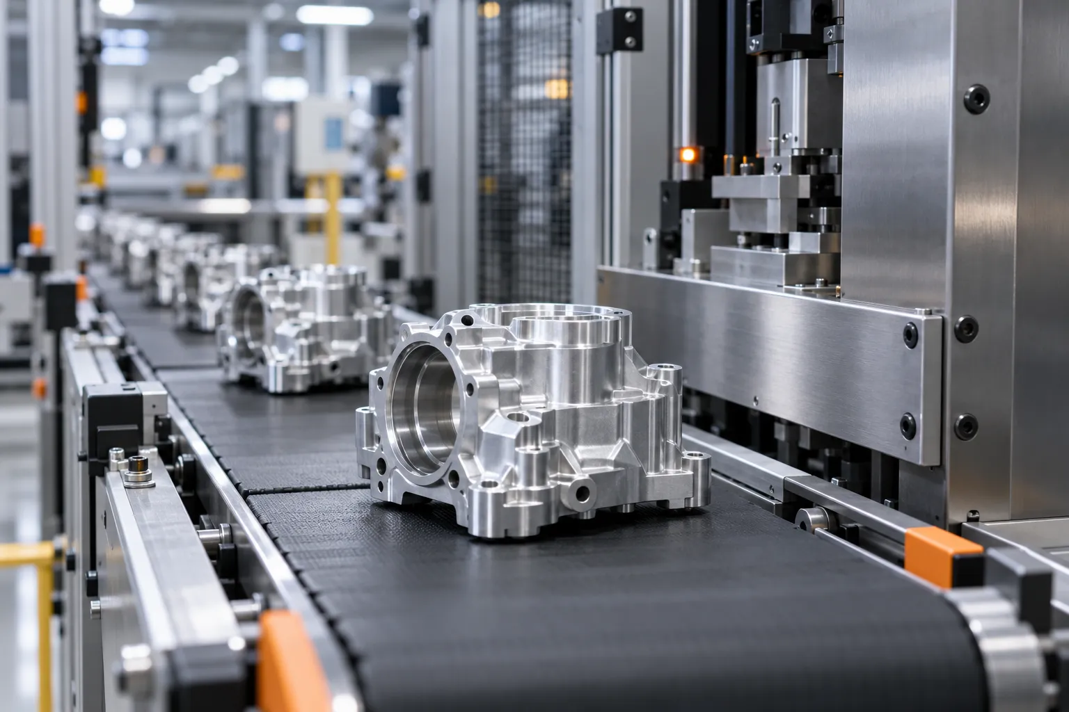 Machined aluminum parts moving along a production line conveyor