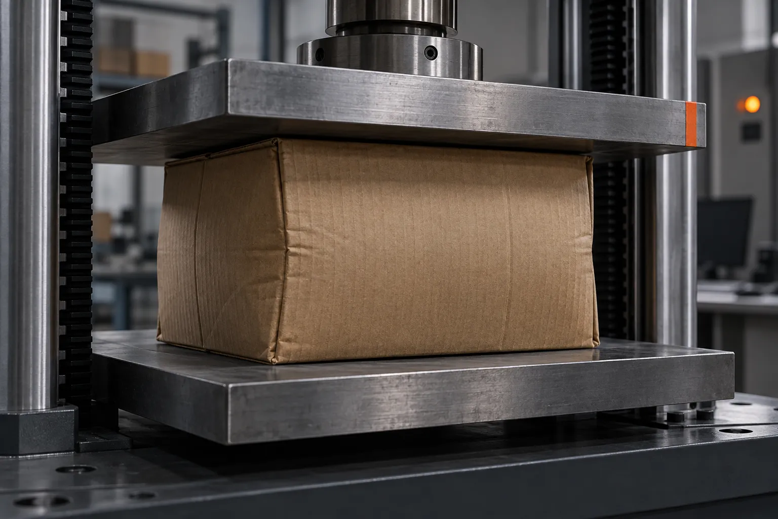 Corrugated box compressed between the platens of a compression tester