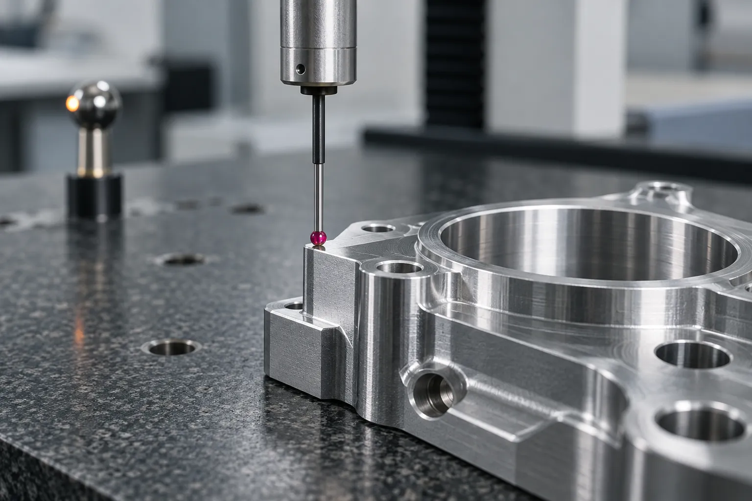 Coordinate measuring machine probe inspecting a precision metal part